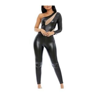 Fredrick's Black Asymmetrical Wetlook Catsuit Jumpsuit size Small